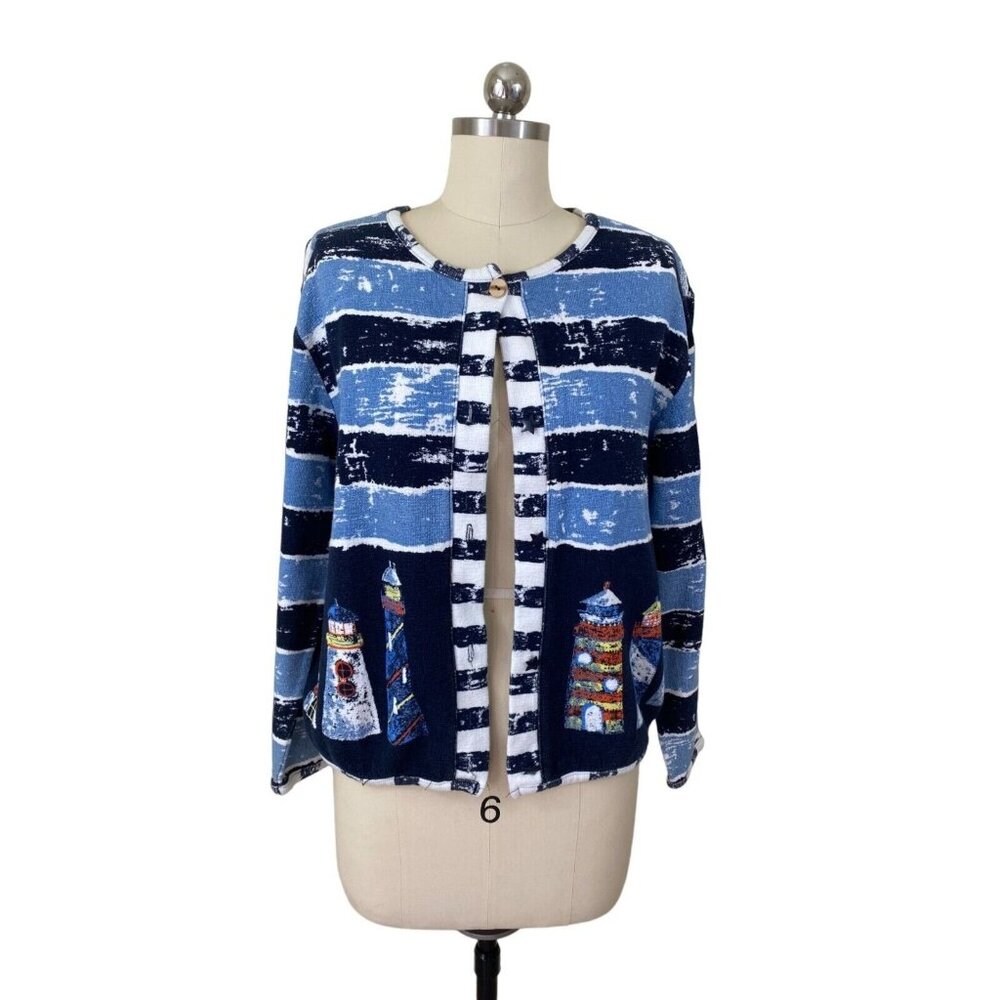 Onque Y2K Cardigan Womens Small Blue Striped Lighthouse Nautical Coastal Grandma